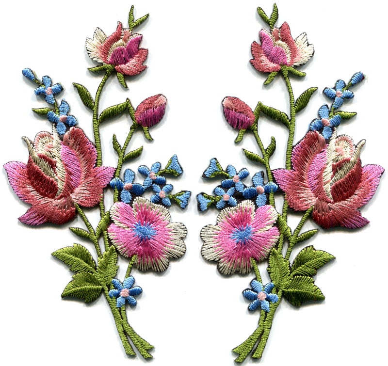 Mauve Pink Roses Pair Flowers Floral Bouquet Boho Embroidered Appliques Iron-ons Patches S-1226